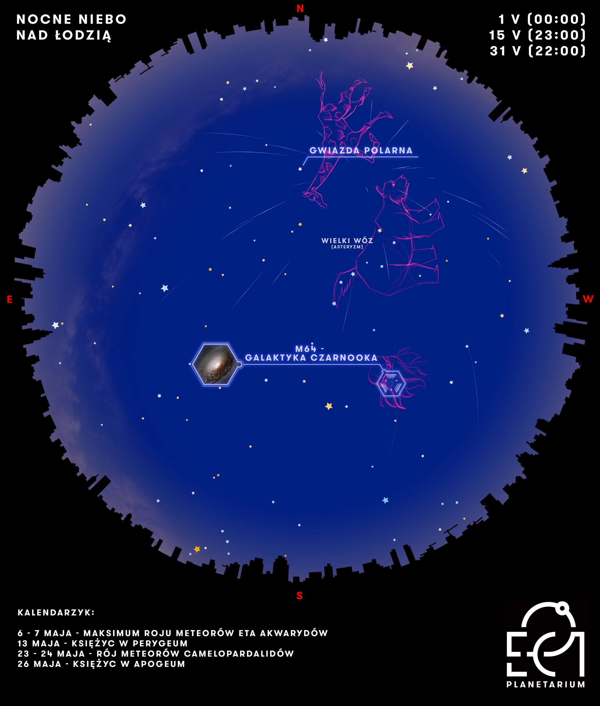 Mapa nocnego nieba nad Łodzią w maju 2019