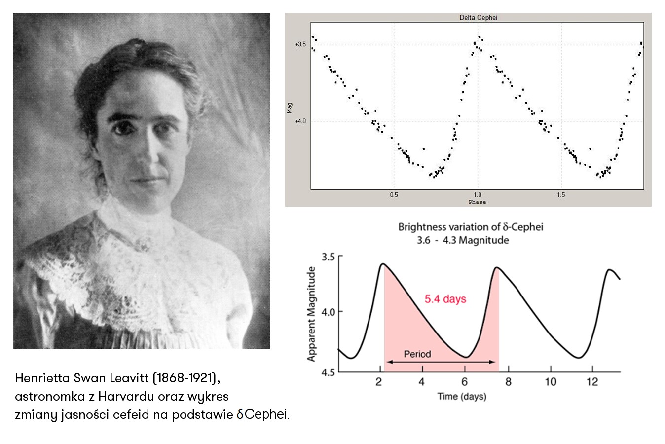 Henrietta Swan Leavitt wraz z wykresem zmiany jasności cefeid